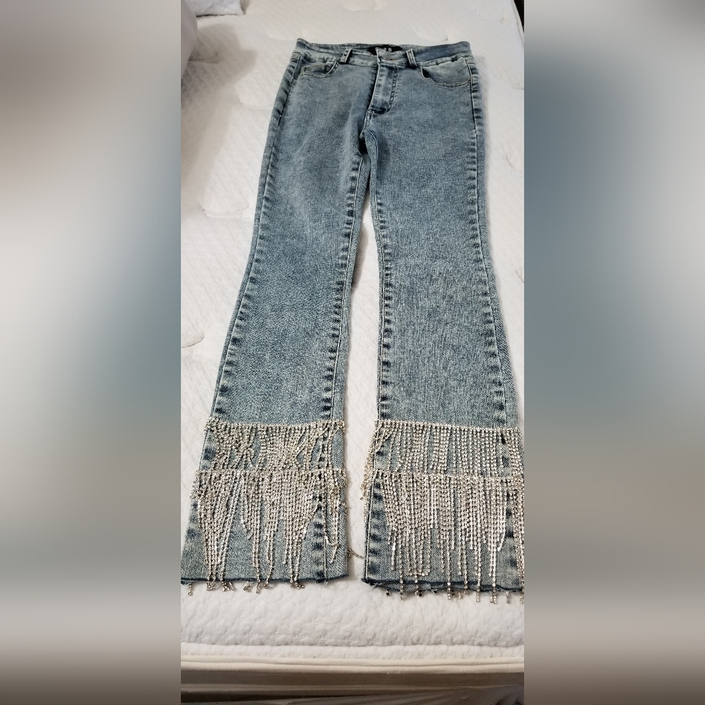 Designer stretch Jean with rhinestone fringe